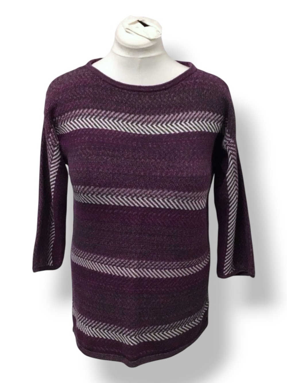 Chaps Women’s 3/4 Sleeve Boat Neck Pullover Knit Sweater Striped Berry Heather L